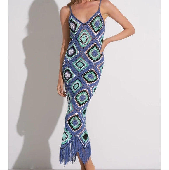 New Elan Aleki Diamond Crochet Blue Multicolor Maxi Dress/Swim Cover-Up Large - Picture 3 of 13